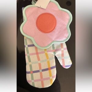 Kitchen Oven Mitt And Flower Shaped Potholder 100% Cotton 2pc Set Gift